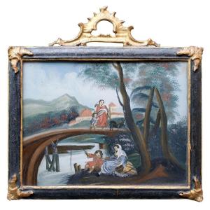 La passeggiata, Dipinto sotto vetro, Venezia XVIII Secolo 