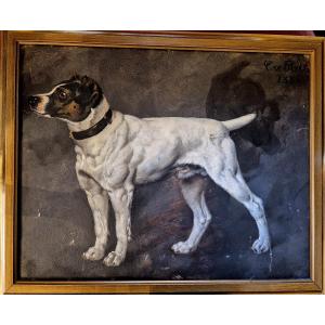 Ritratto di cane Jack Russell olio su cartone di Caspar von Reth 1886