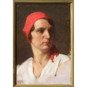 Ritratto di ragazza con foulard rosso, dipinto di Guido Grimani , f.to Italia 1930. Trieste 