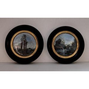 Coppia di gouaches monumenti antichi di Roma XIX secolo Grand Tour
