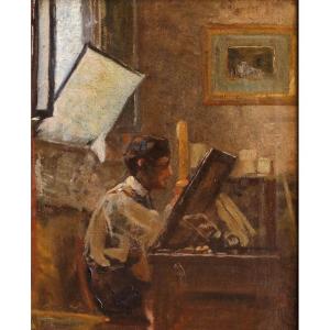 Ritratto di pittore nel suo studio, dipinto Francia XIX Secolo