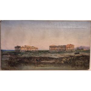 Olio su tela Templi di Paestum Grand Tour XIX secolo