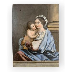 Madonna col bambino . Dipinto olio su rame Venezia XVII Secolo. Rinascimento