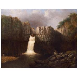 Paesaggio Con Cascata High Force, Dipinto Olio su tela , UK XIX Secolo