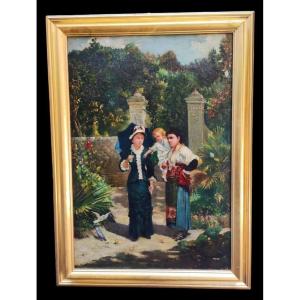 Passeggiata di Primavera , dipinto , f.to Scardamaglia , Napoli Italia fine XIX Secolo Liberty