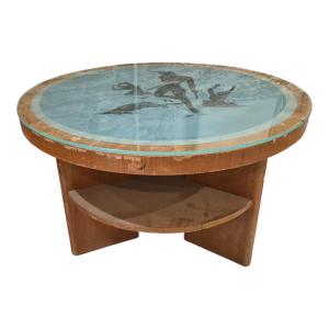 tavolo basso con Ulisse e le Sirene, legno e cristallo, Francia 1930