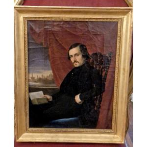 Ritratto di studioso di Dante con veduta di Firenze olio su tela XIX secolo