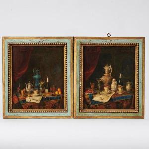 Coppia di nature morte olio su tavola Josef Mansfeld 1888 Vienna XIX secolo