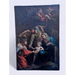 Sacra famiglia con angelo, dipinto Italia XVII secolo