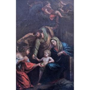Sacra famiglia con angelo, dipinto Italia XVII secolo