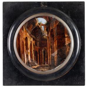 Interno del Colosseo, dipinto sottovetro  , Roma XIX Secolo Grandtour