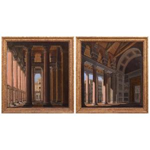 Coppia di vedute del portico del Pantheon , Dipinti Italia XIX Secolo Grand Tour