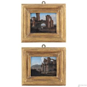 Coppia di paesaggi con rovine , Dipinti Italia Roma XVII Secolo Grand Tour