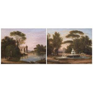 Coppia di paesaggi con vedute di Villa Borghese e Pincio , Dipinti Italia XIX Secolo grand tour