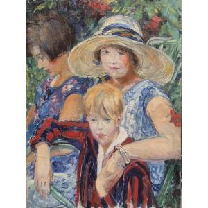 Ritratto di mamma con figli, dipinto , inizi XX Secolo