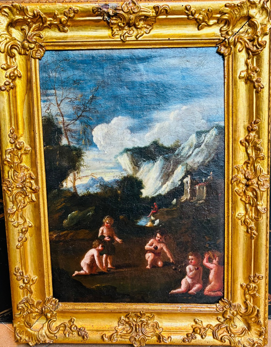 Scuola genovese, Fine XVII secolo Putti in gioco in un paesaggio boschivo Olio su tela