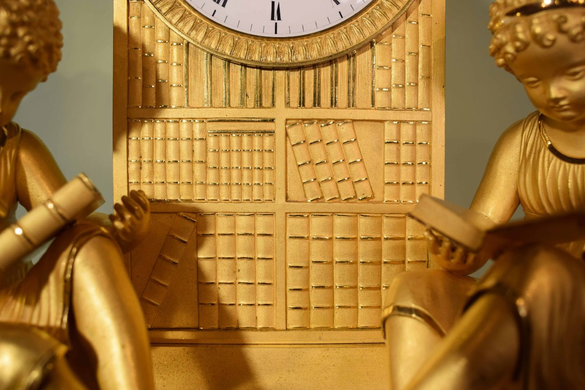 Orologio da camino in bronzo dorato – “Lettura e Conoscenza”, Denière à Paris, Primo Impero-photo-3