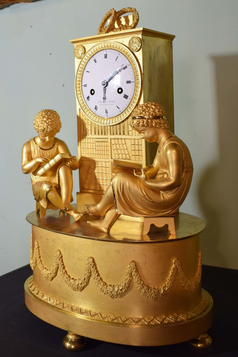 Orologio da camino in bronzo dorato – “Lettura e Conoscenza”, Denière à Paris, Primo Impero-photo-5