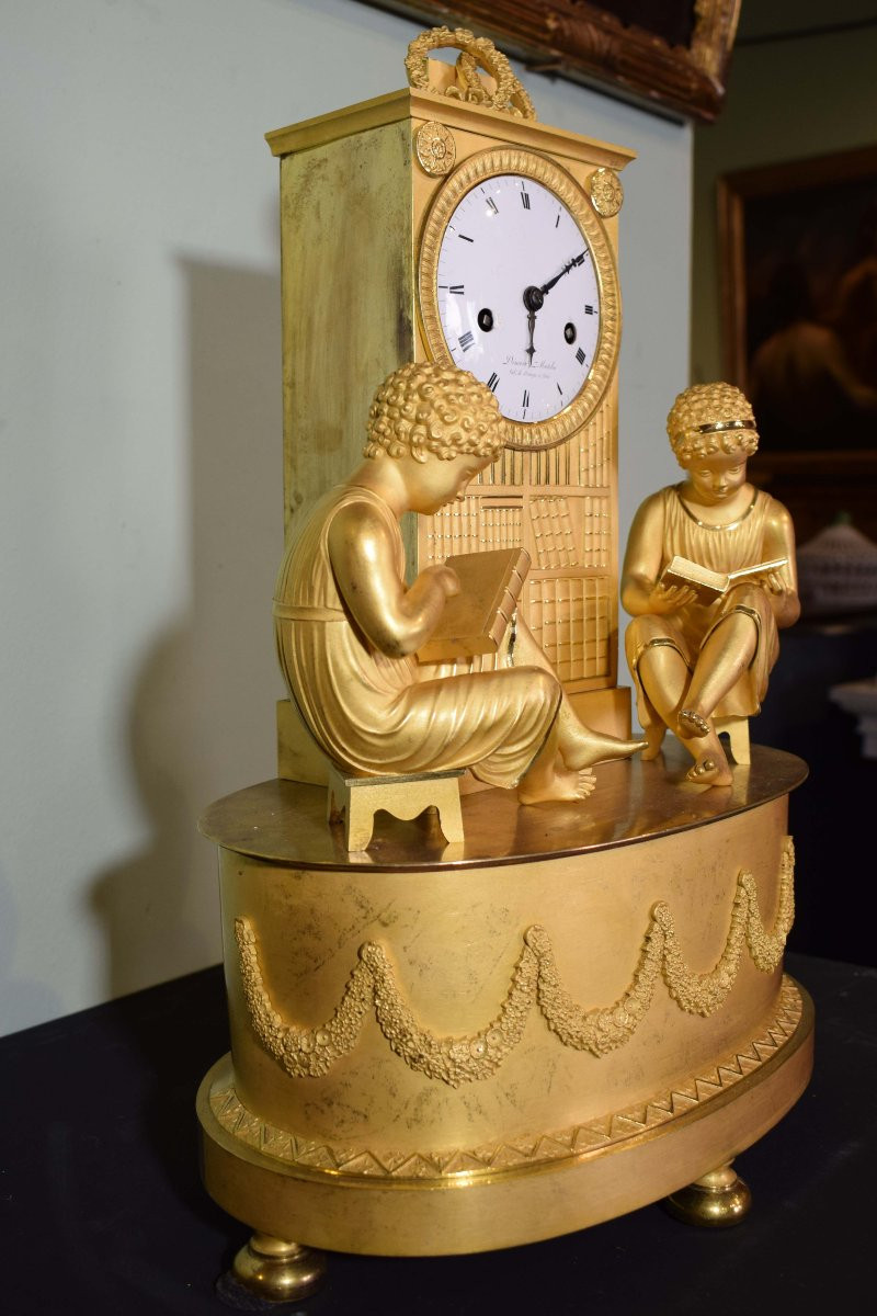 Orologio da camino in bronzo dorato – “Lettura e Conoscenza”, Denière à Paris, Primo Impero-photo-6