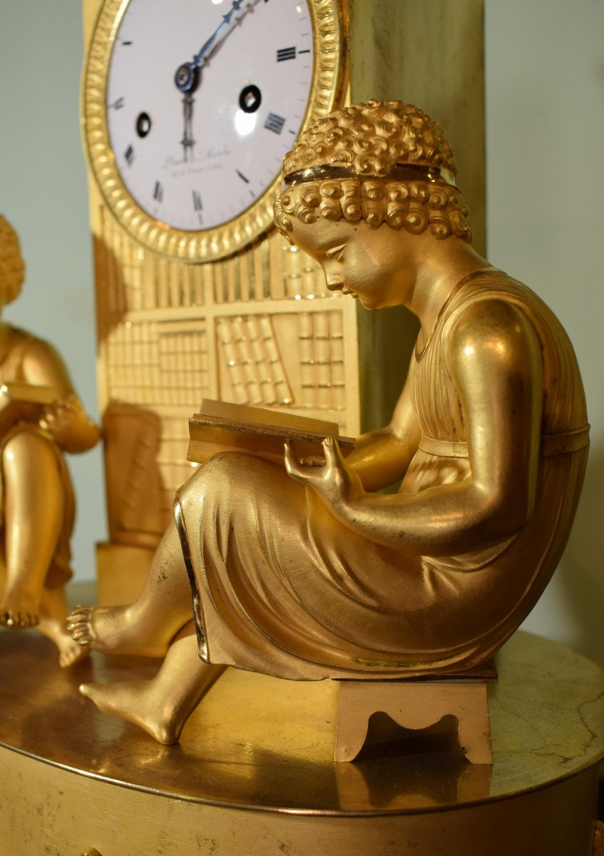 Orologio da camino in bronzo dorato – “Lettura e Conoscenza”, Denière à Paris, Primo Impero-photo-8