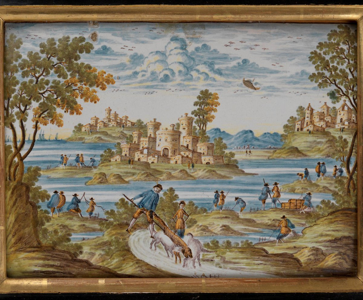 Targa in maiolica di Castelli  con scena paesaggistica-photo-2