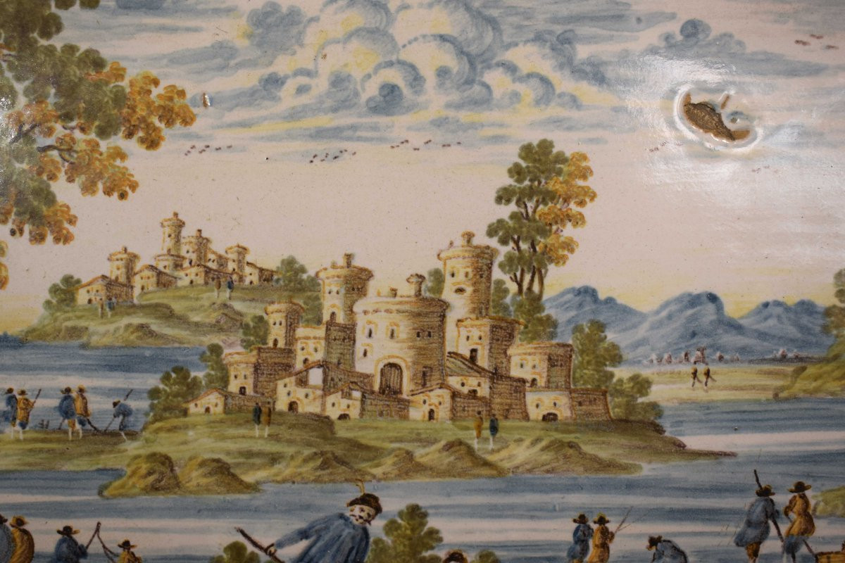 Targa in maiolica di Castelli  con scena paesaggistica-photo-4