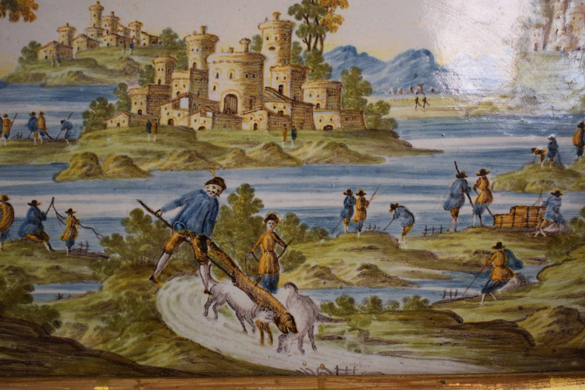 Targa in maiolica di Castelli  con scena paesaggistica-photo-1