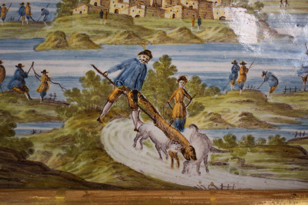 Targa in maiolica di Castelli  con scena paesaggistica-photo-2