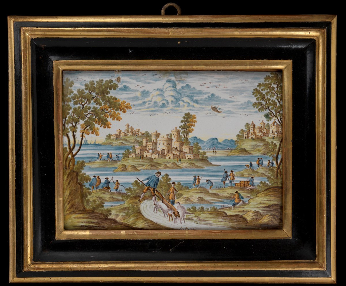Targa in maiolica di Castelli  con scena paesaggistica