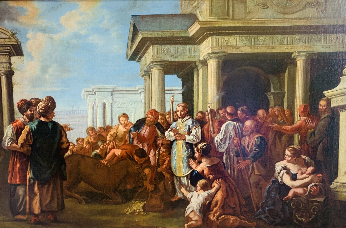 dipinto raffigurante il miracolo del mulo e sant' antonio 