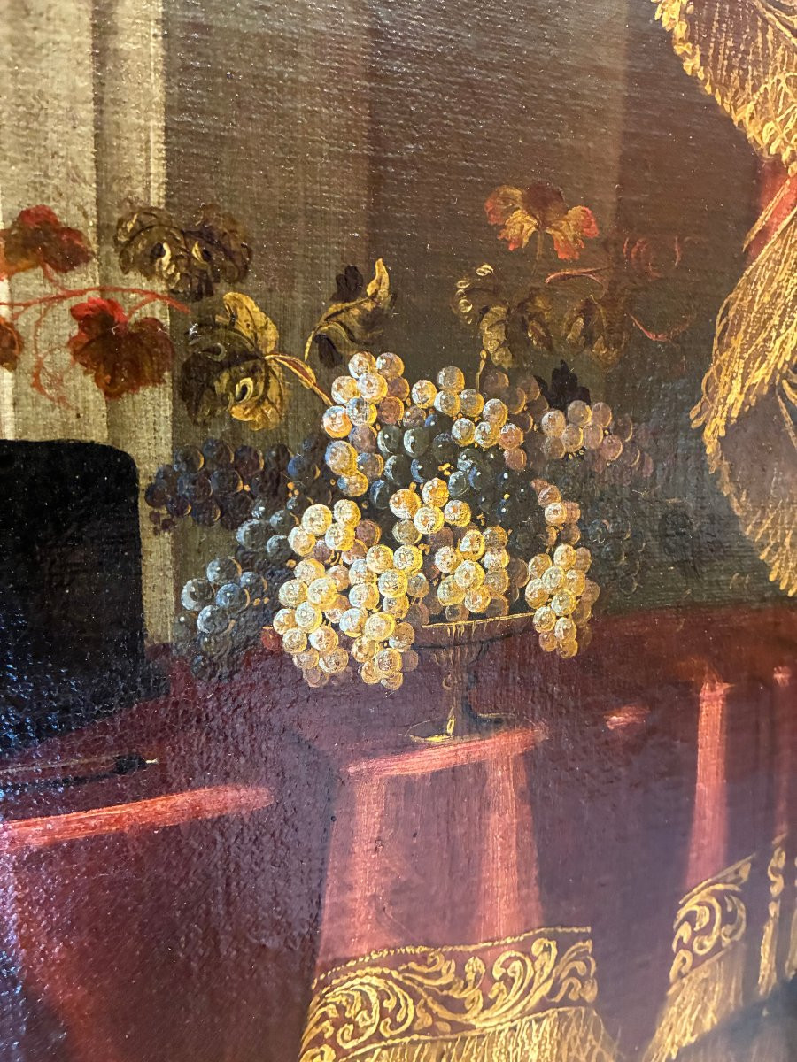 dipinto raffigurante interno di casa con drappeggio primi  700'-photo-3