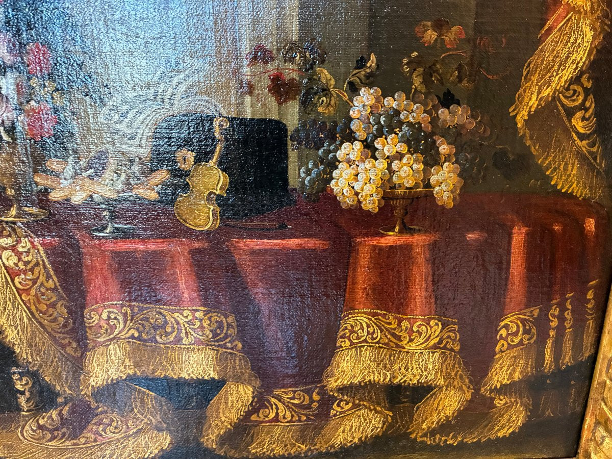 dipinto raffigurante interno di casa con drappeggio primi  700'-photo-1