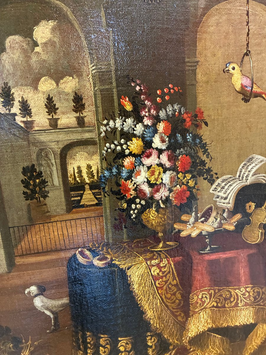 dipinto raffigurante interno di casa con drappeggio primi  700'-photo-2