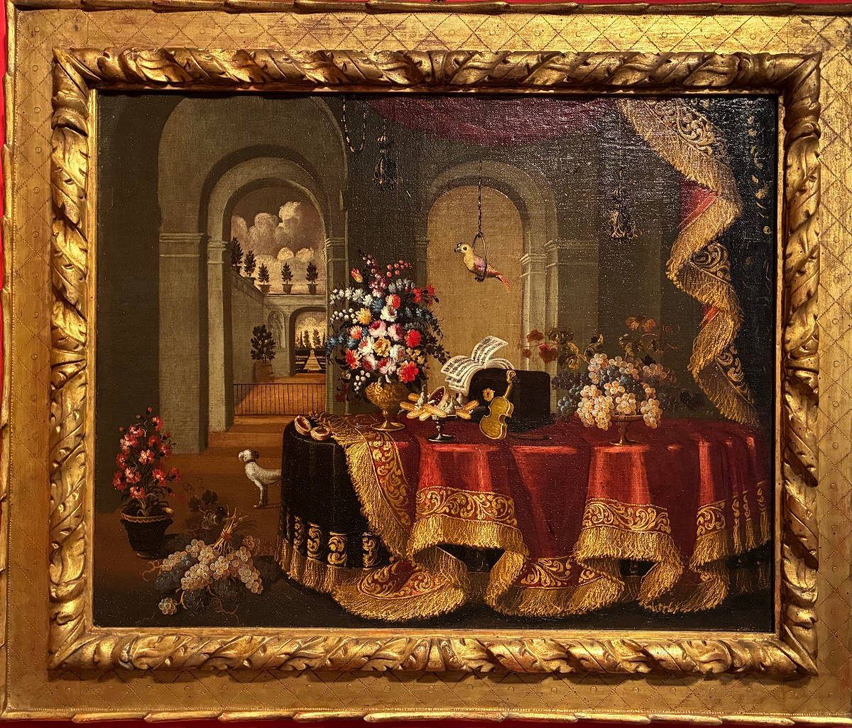 dipinto raffigurante interno di casa con drappeggio primi  700'