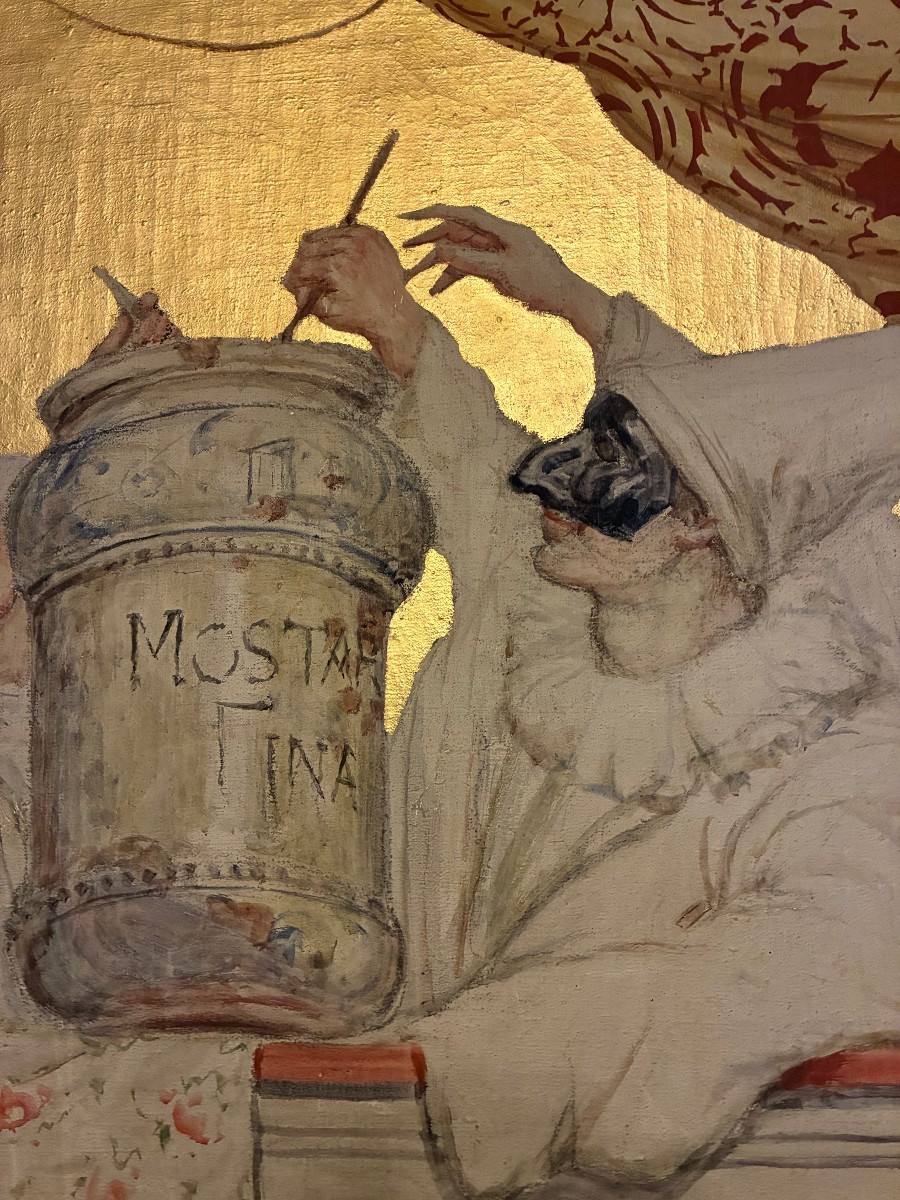 Dipinto su fondo oro raffigurante scene di carnevale dei primi del '900, firmato -photo-2