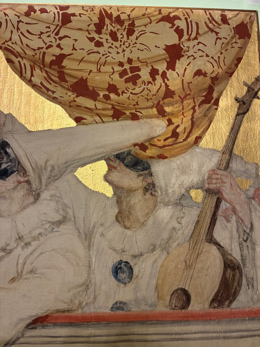 Dipinto su fondo oro raffigurante scene di carnevale dei primi del '900, firmato -photo-3