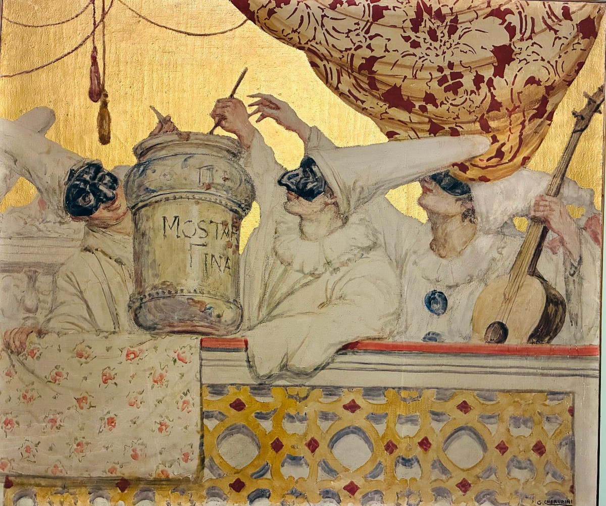 Dipinto su fondo oro raffigurante scene di carnevale dei primi del '900, firmato 