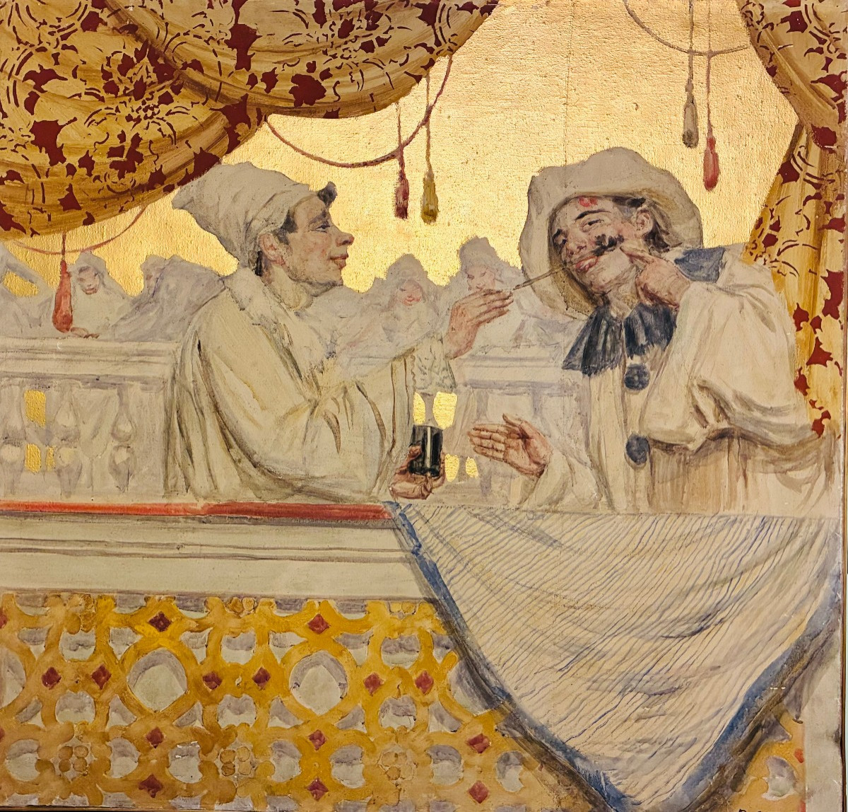 dipinto raffigurante scene carnevalesche fondo oro primi 900