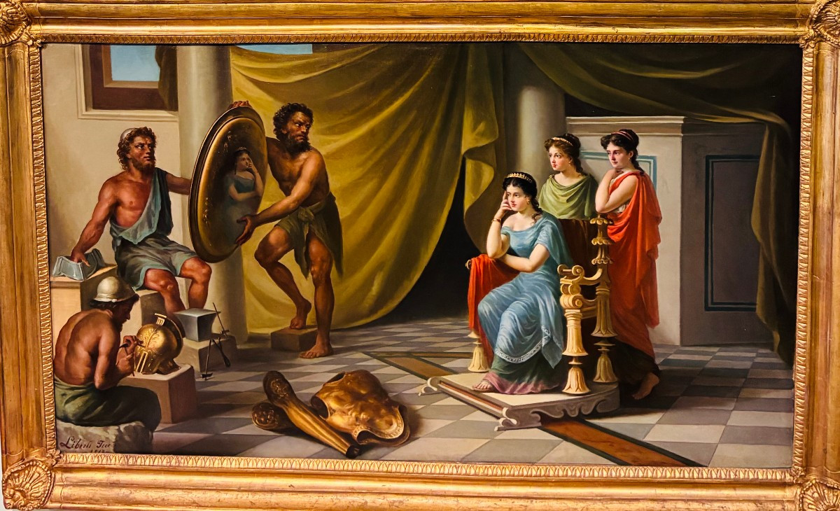 dipinto olio su tela raffigurante scena storica firmato Liberti 1887