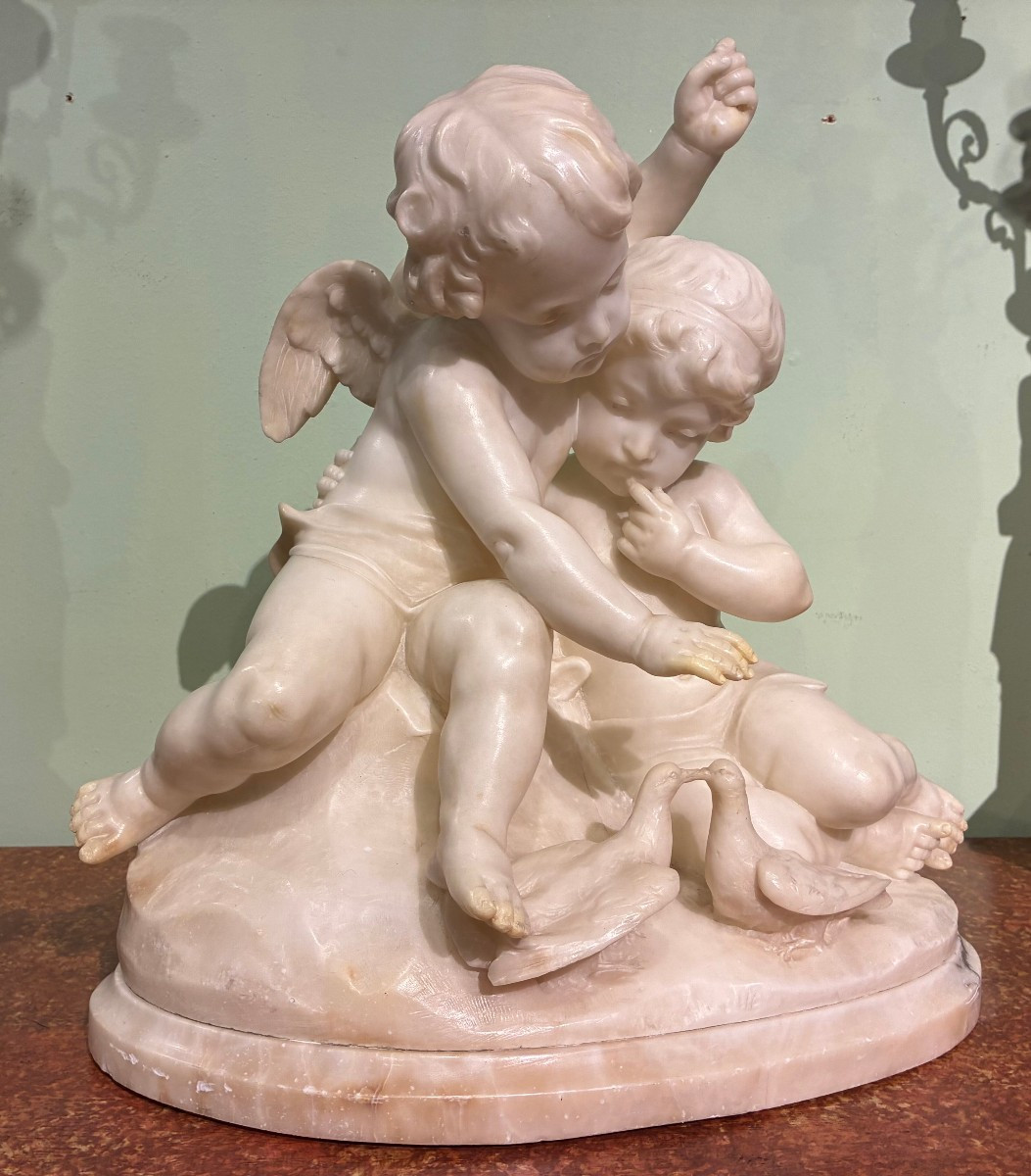 scultura in alabastro raffigurante coppia di angioletti XIX secolo