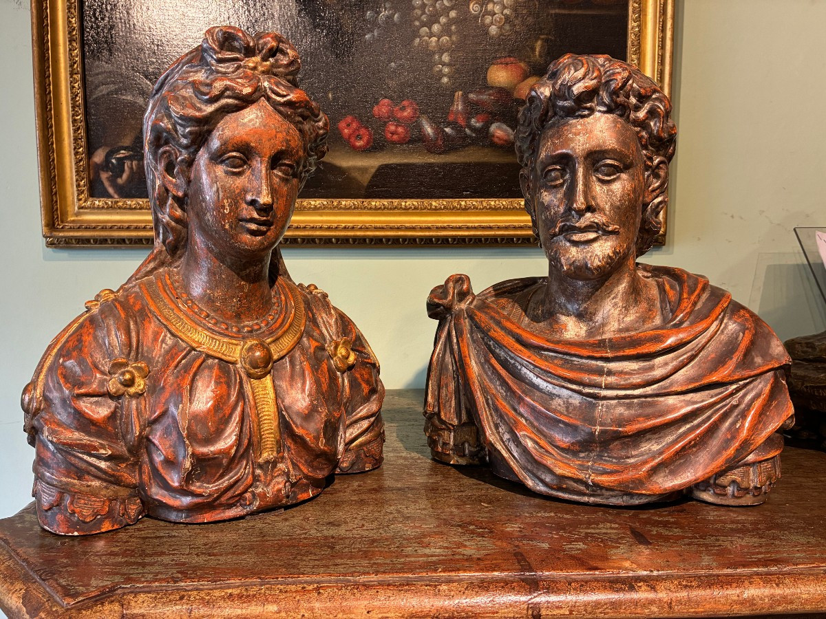 coppia di mezzi busti in legno argentato di provenienza romana XVII secolo
