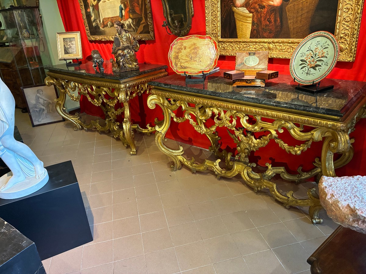 coppia di consolle in legno dorato di provenienza emiliana con piano marmo primi 700'-photo-2
