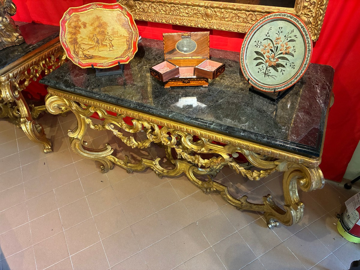 coppia di consolle in legno dorato di provenienza emiliana con piano marmo primi 700'-photo-4