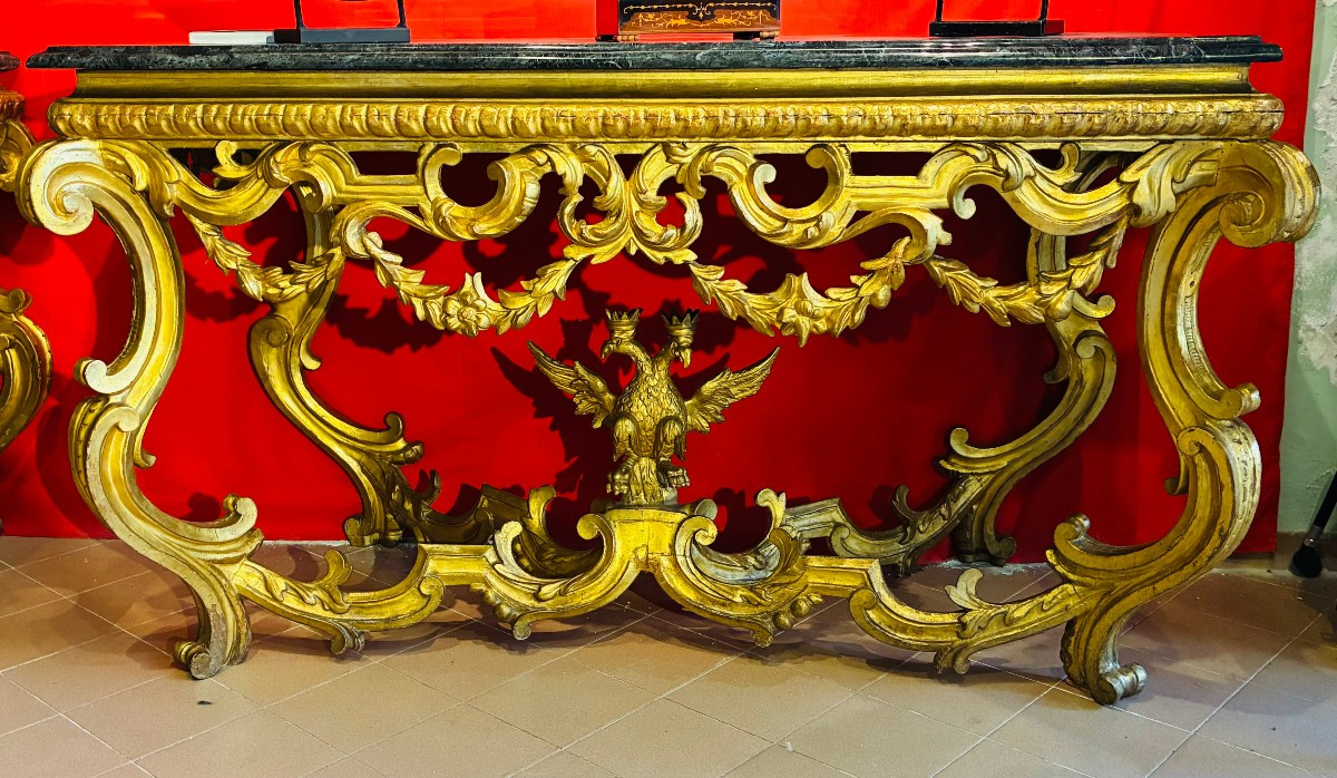 coppia di consolle in legno dorato di provenienza emiliana con piano marmo primi 700'