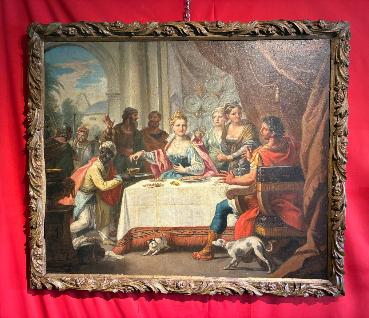 dipinto raffigurante banchetto di antonio e cleopatra attr. Brusaferro venezia 16771746