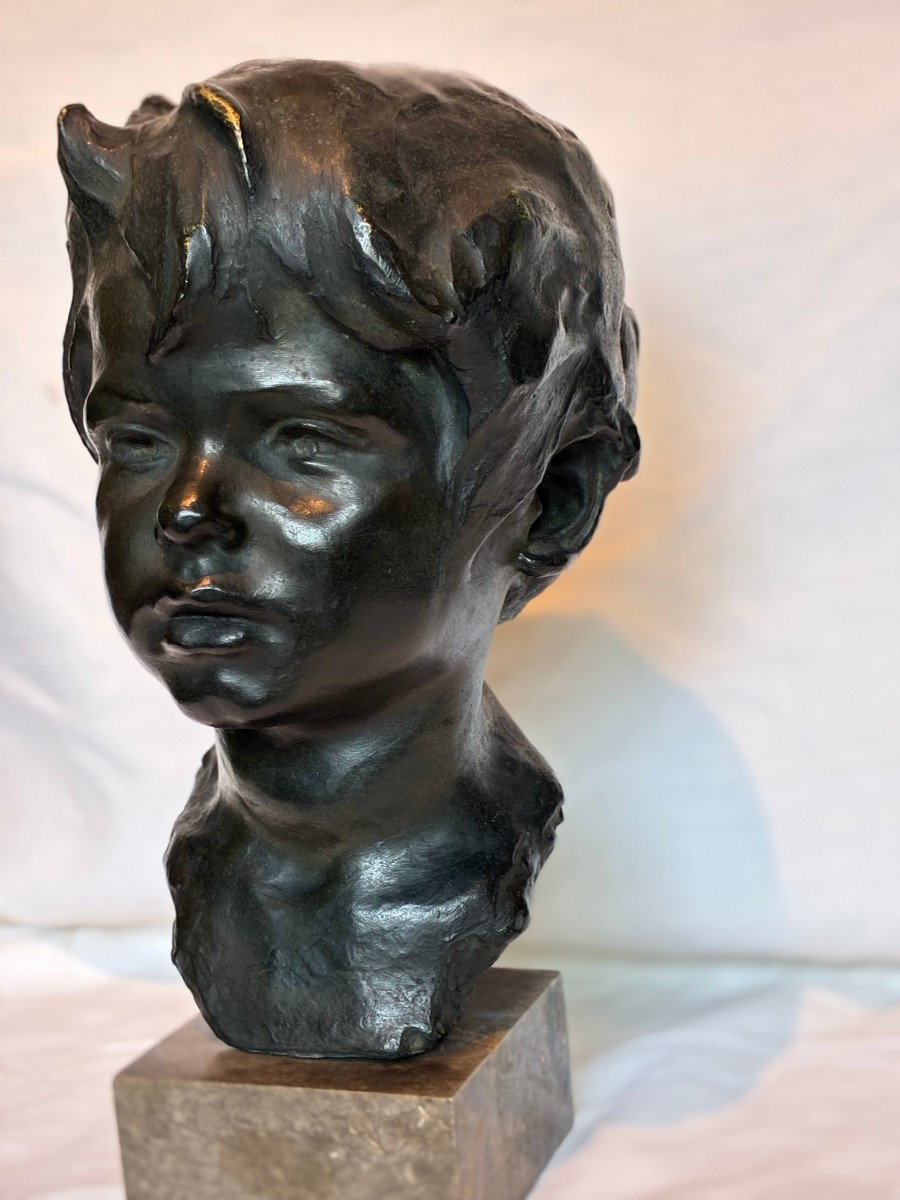 bronzo montato su marmo raffigurante volto di bambino XIX secolo-photo-2