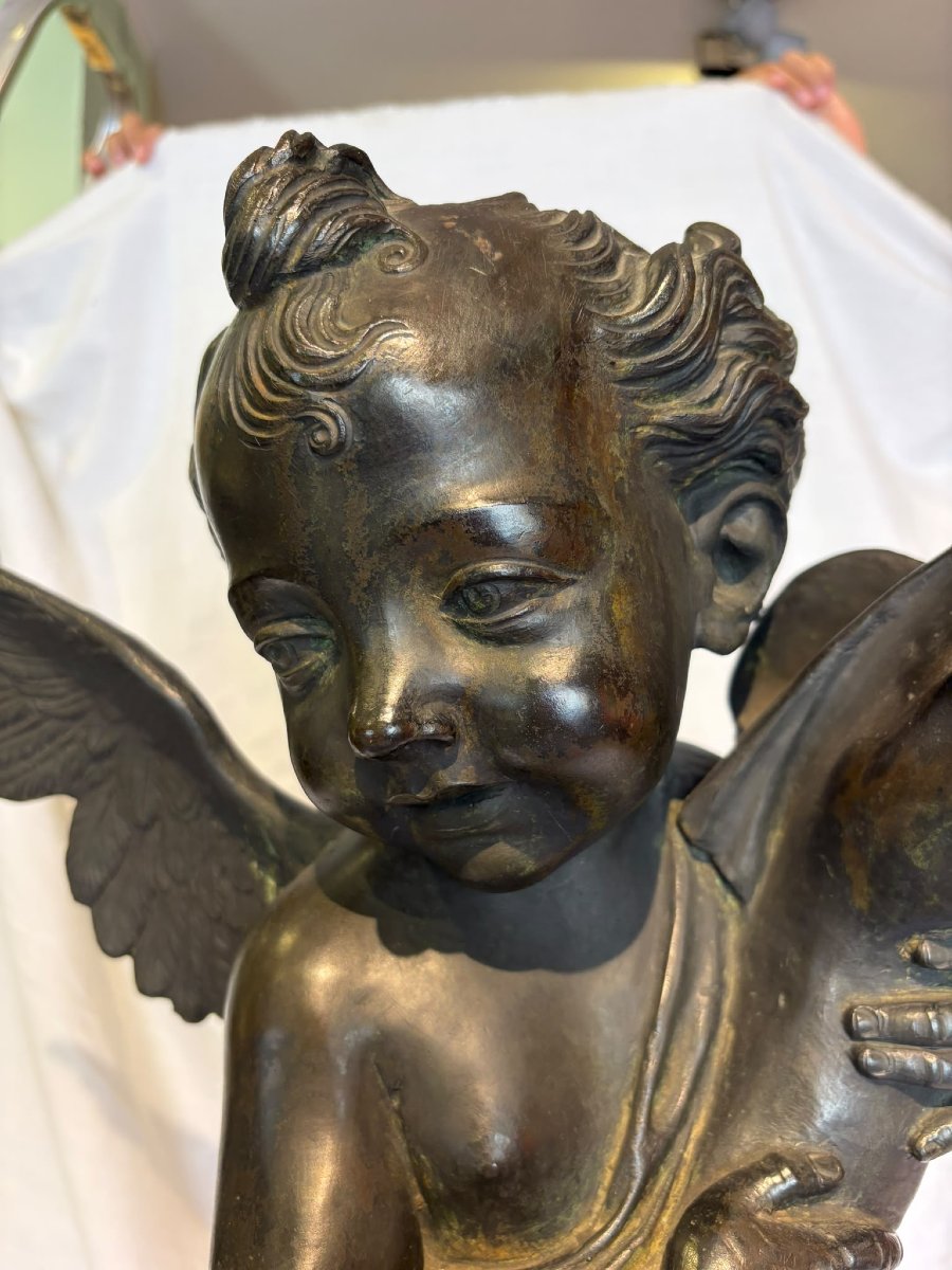 bronzo raffigurante angelo con delfino del xix secolo-photo-2