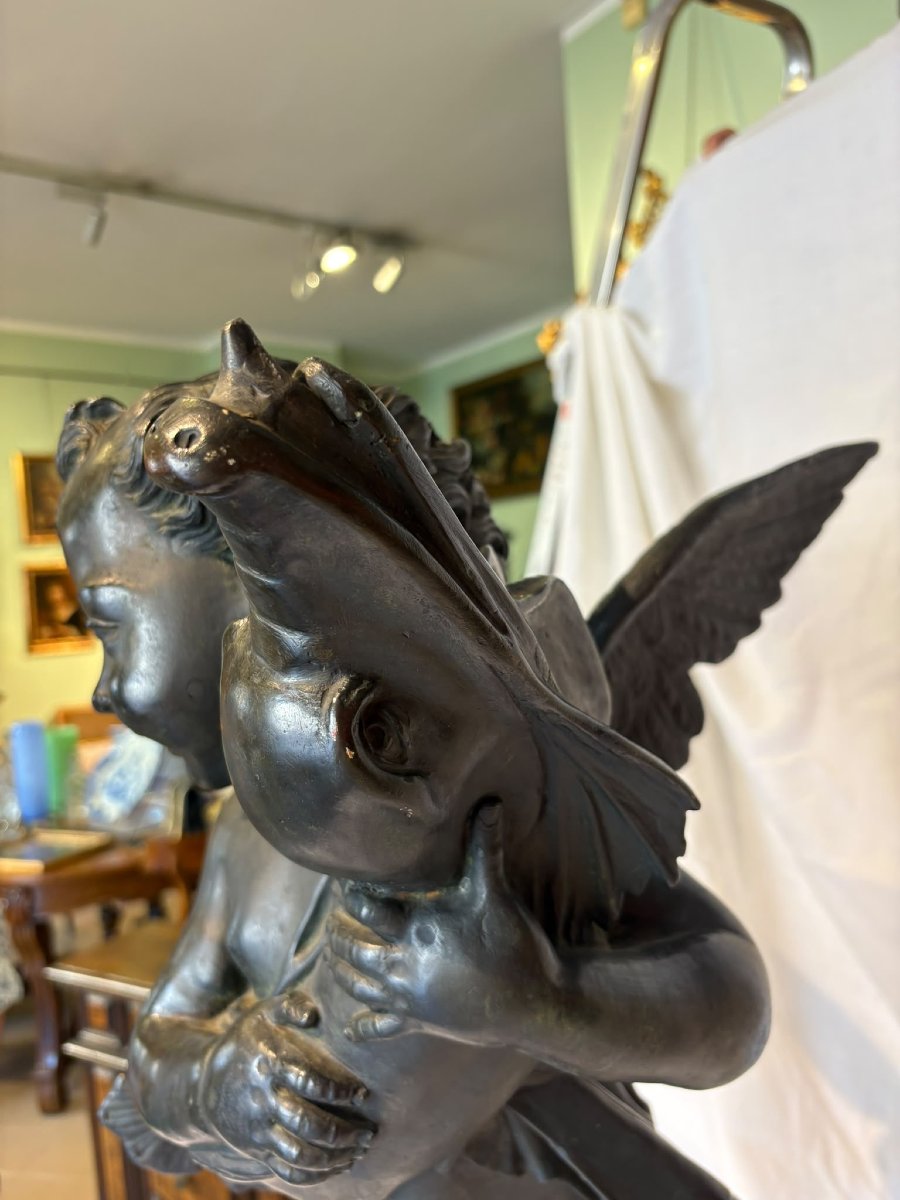 bronzo raffigurante angelo con delfino del xix secolo-photo-4
