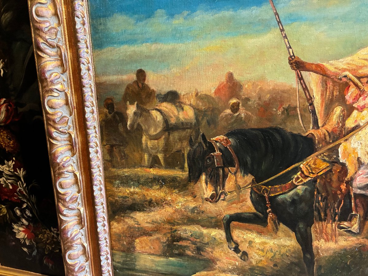 dipinto orientalista raffigurante uomini a cavallo fine XIX secolo-photo-3