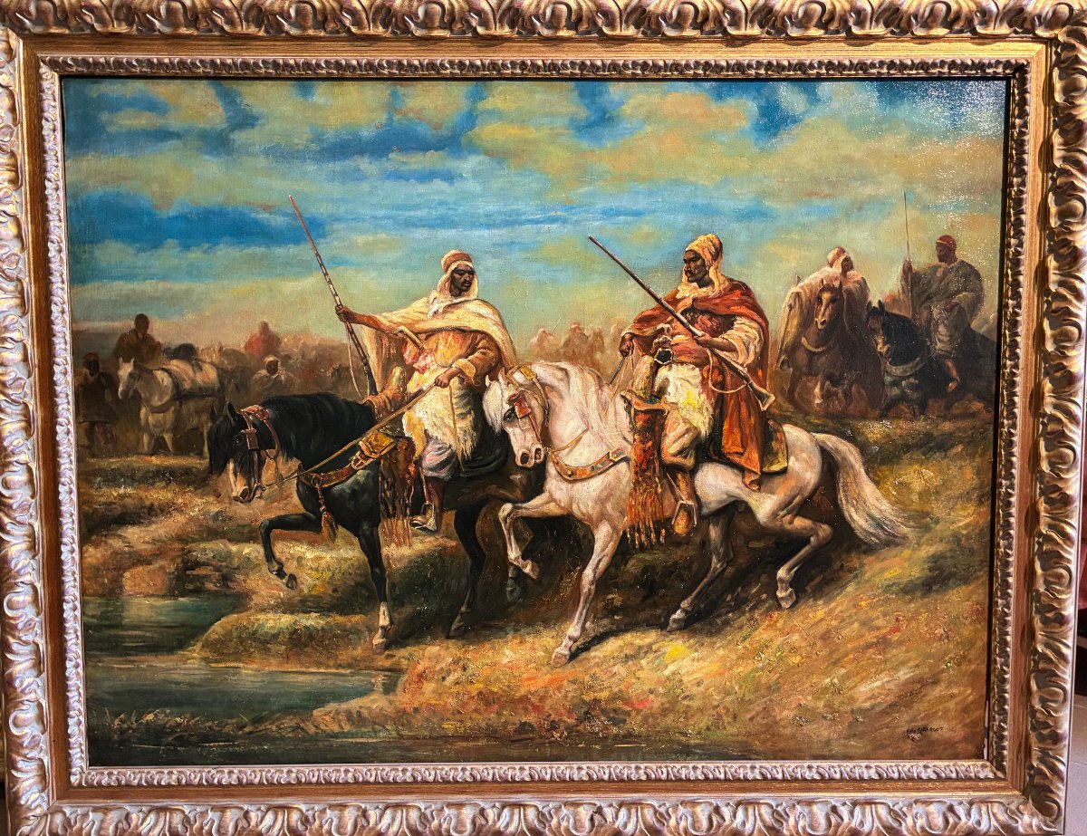 dipinto orientalista raffigurante uomini a cavallo fine XIX secolo